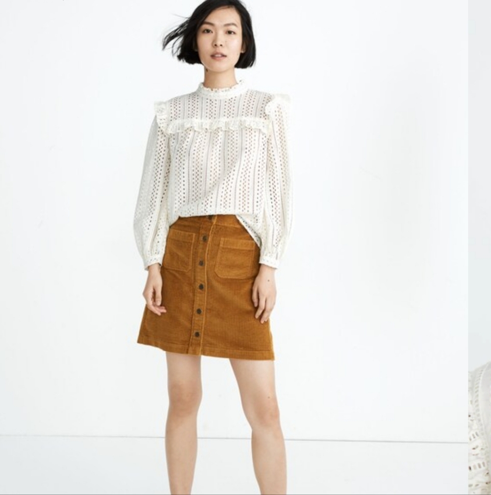 Madewell Creamy White Eyelet Mockneck Ruffle Top Lighthouse Long-Sleeve